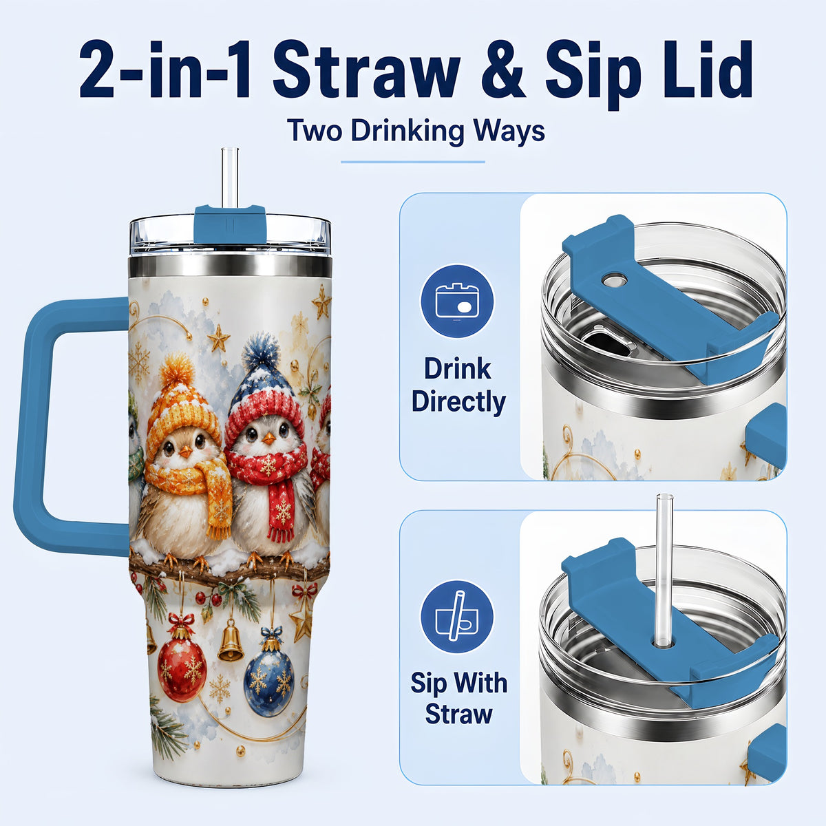 #pl[40oz|Blue] Winter Bird 40oz Tumbler with Handle, Cozy Songbird Travel Cup
