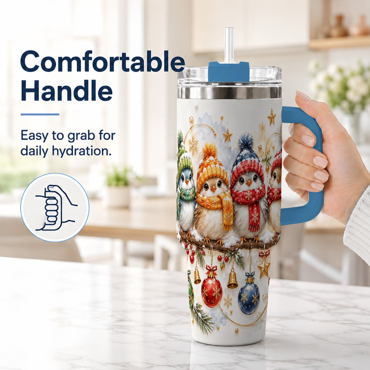#pl[40oz|Blue] Winter Bird 40oz Tumbler with Handle, Cozy Songbird Travel Cup