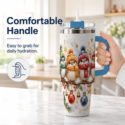 #pl[40oz|Blue] Winter Bird 40oz Tumbler with Handle, Cozy Songbird Travel Cup