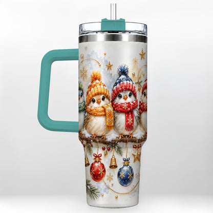 #pl[40oz|Green] Winter Bird 40oz Tumbler with Handle, Cozy Songbird Travel Cup