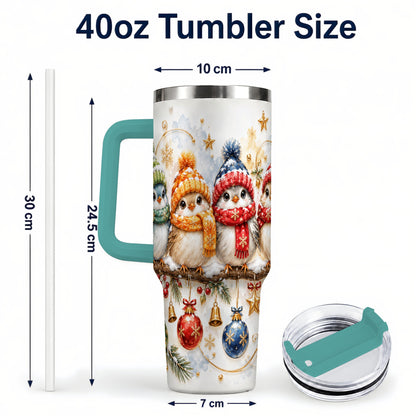#pl[40oz|Green] Winter Bird 40oz Tumbler with Handle, Cozy Songbird Travel Cup