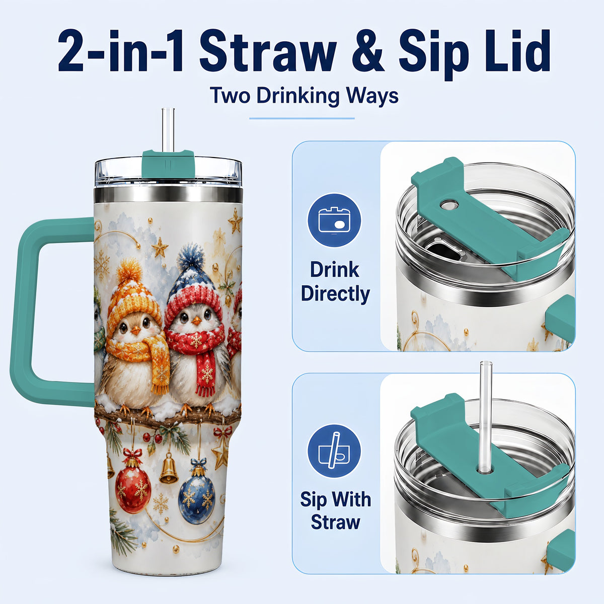 #pl[40oz|Green] Winter Bird 40oz Tumbler with Handle, Cozy Songbird Travel Cup