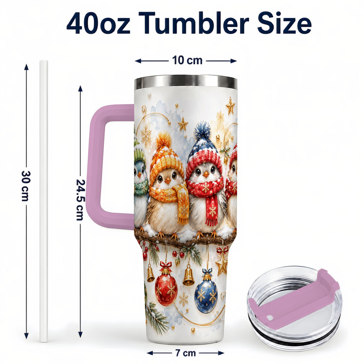 #pl[40oz|Pink] Winter Bird 40oz Tumbler with Handle, Cozy Songbird Travel Cup