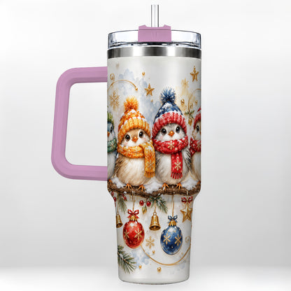 #pl[40oz|Pink] Winter Bird 40oz Tumbler with Handle, Cozy Songbird Travel Cup