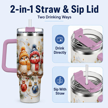 #pl[40oz|Pink] Winter Bird 40oz Tumbler with Handle, Cozy Songbird Travel Cup