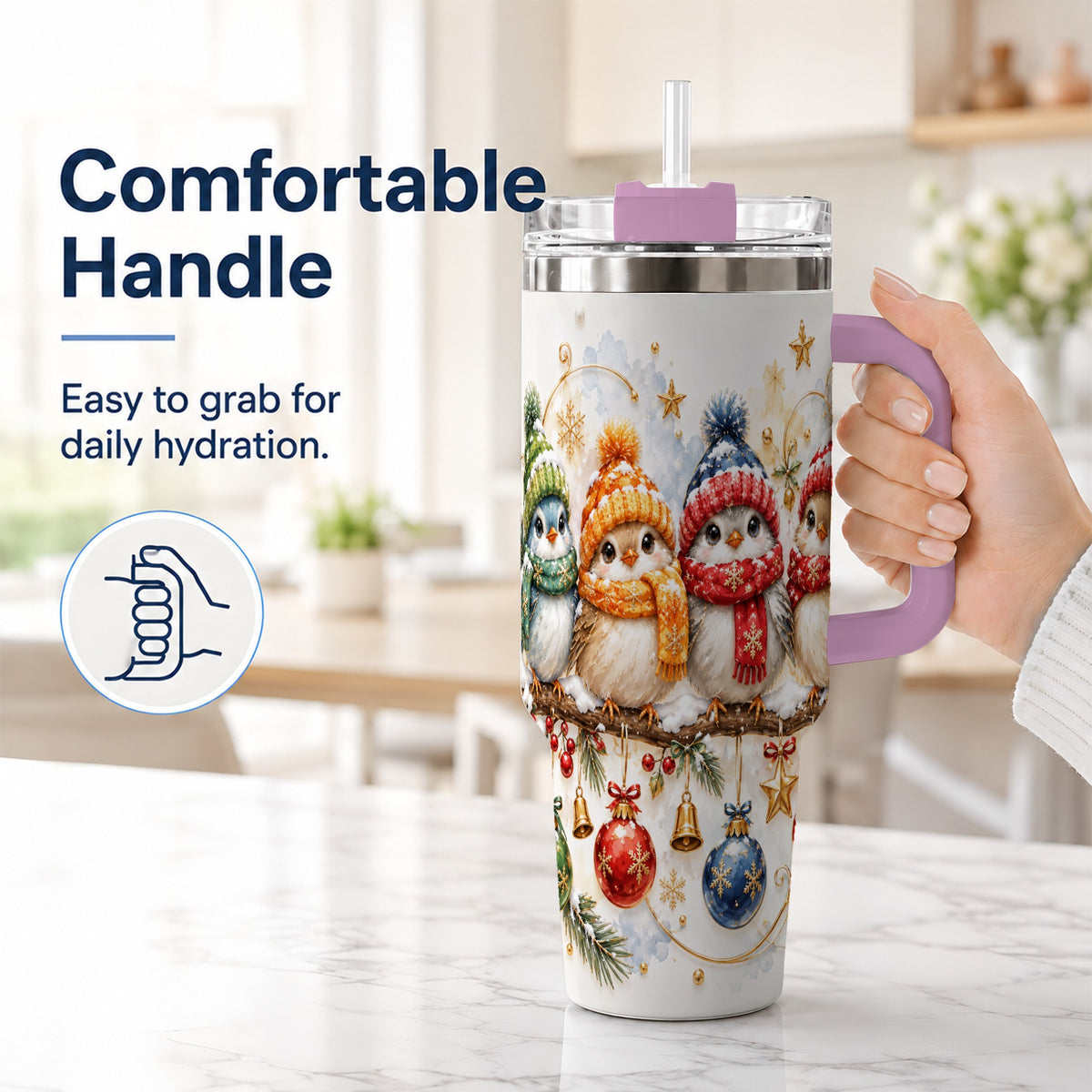 #pl[40oz|Pink] Winter Bird 40oz Tumbler with Handle, Cozy Songbird Travel Cup