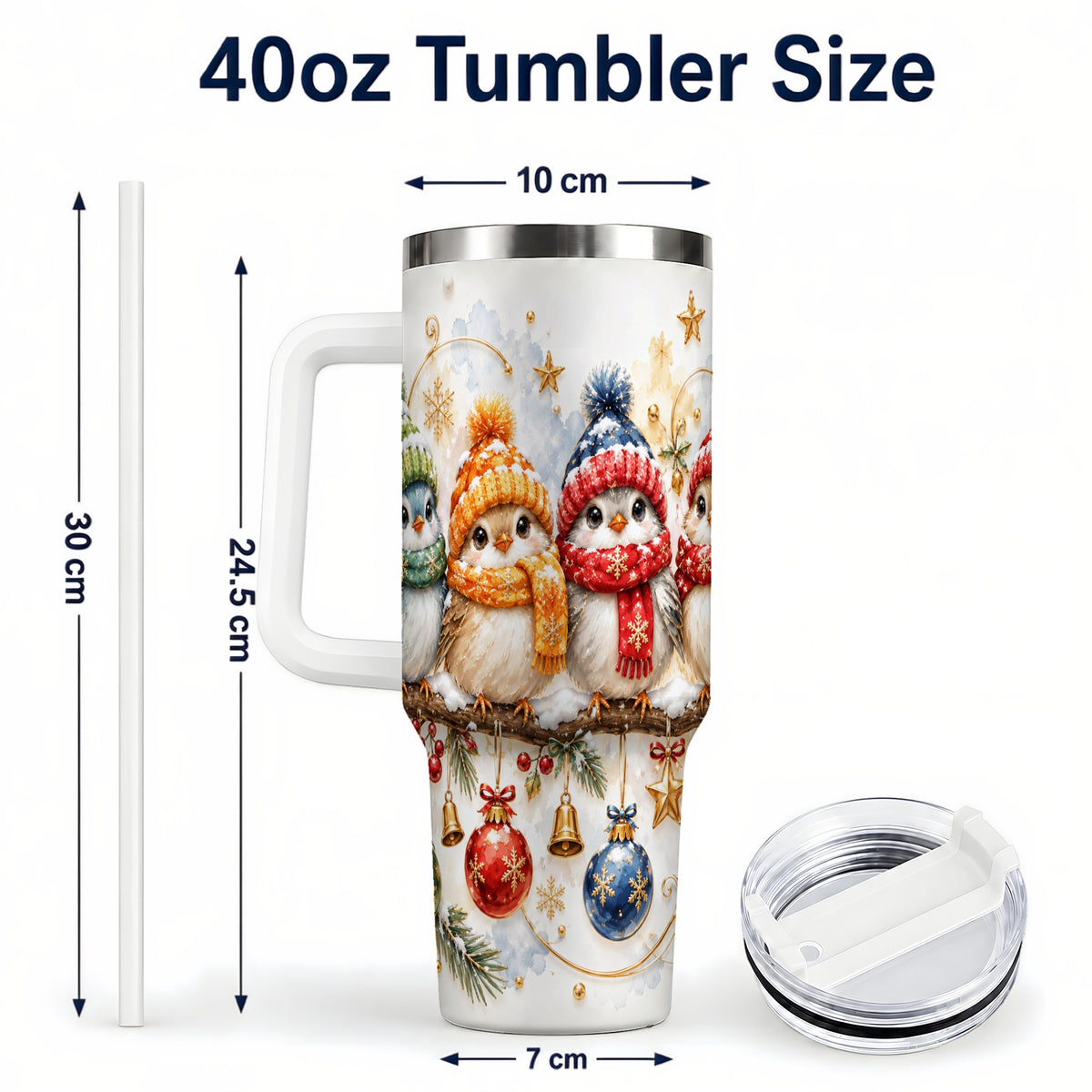 #pl[40oz|White] Winter Bird 40oz Tumbler with Handle, Cozy Songbird Travel Cup