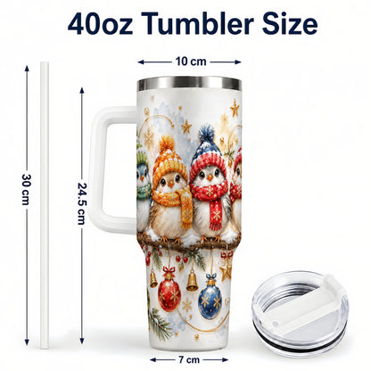 #pl[40oz|White] Winter Bird 40oz Tumbler with Handle, Cozy Songbird Travel Cup