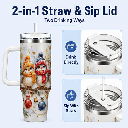 #pl[40oz|White] Winter Bird 40oz Tumbler with Handle, Cozy Songbird Travel Cup