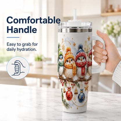 #pl[40oz|White] Winter Bird 40oz Tumbler with Handle, Cozy Songbird Travel Cup