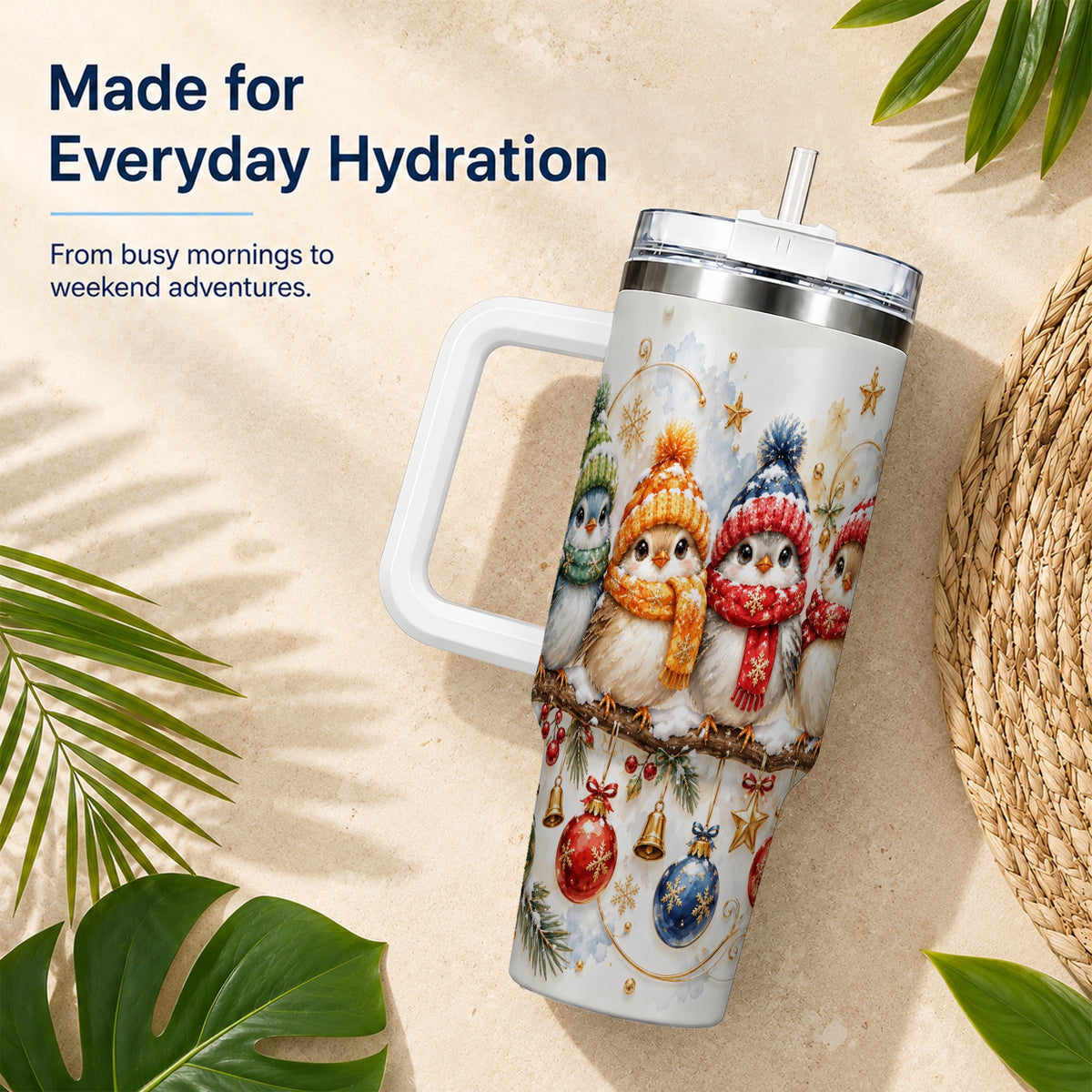 Winter Bird 40oz Tumbler with Handle, Cozy Songbird Travel Cup