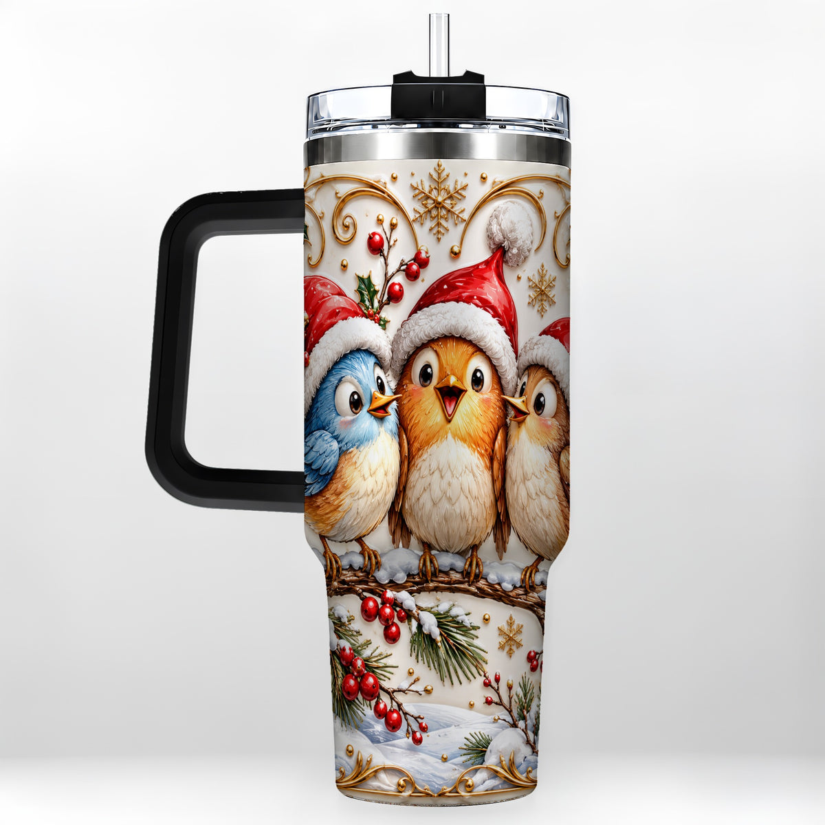 #pl[40oz|Black] Christmas Songbird 40oz Tumbler with Handle, Santa Hat Bird Travel Cup