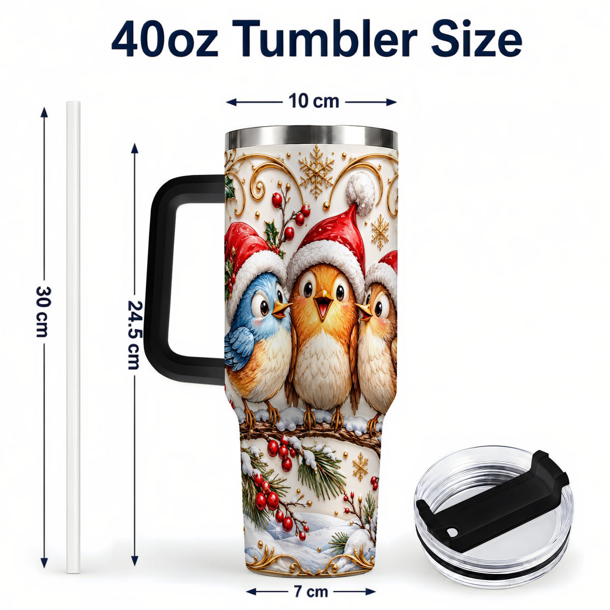 #pl[40oz|Black] Christmas Songbird 40oz Tumbler with Handle, Santa Hat Bird Travel Cup