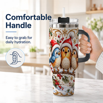 #pl[40oz|Black] Christmas Songbird 40oz Tumbler with Handle, Santa Hat Bird Travel Cup