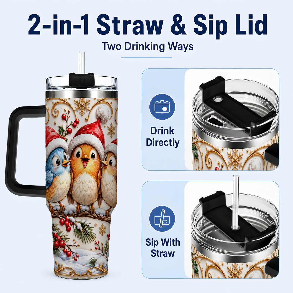 #pl[40oz|Black] Christmas Songbird 40oz Tumbler with Handle, Santa Hat Bird Travel Cup