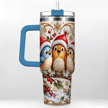 #pl[40oz|Blue] Christmas Songbird 40oz Tumbler with Handle, Santa Hat Bird Travel Cup