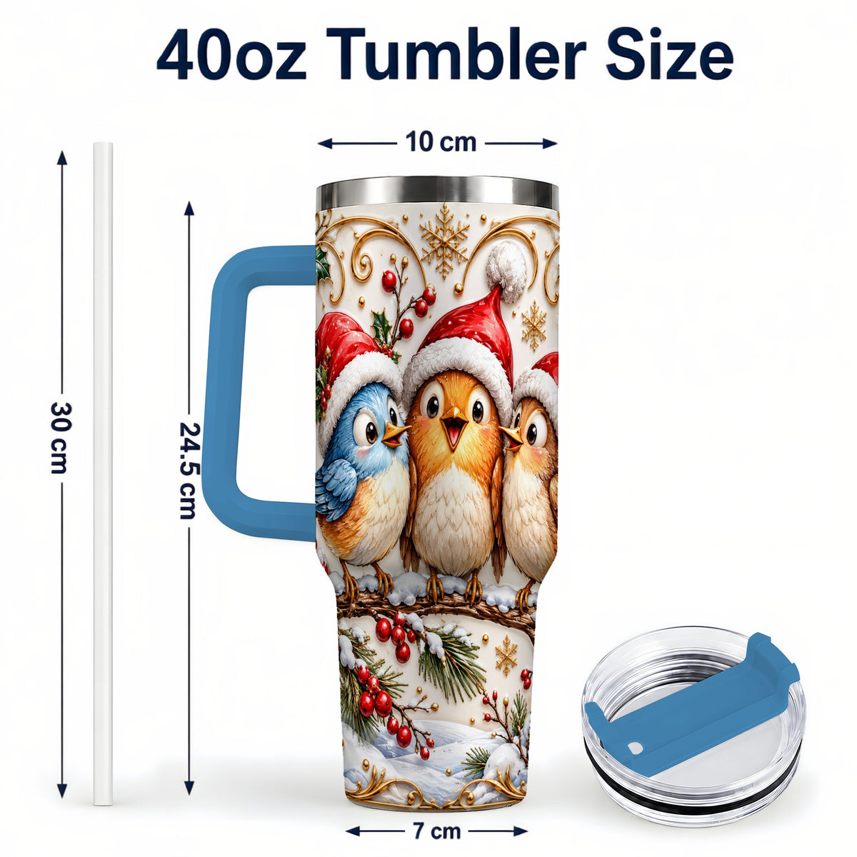 #pl[40oz|Blue] Christmas Songbird 40oz Tumbler with Handle, Santa Hat Bird Travel Cup