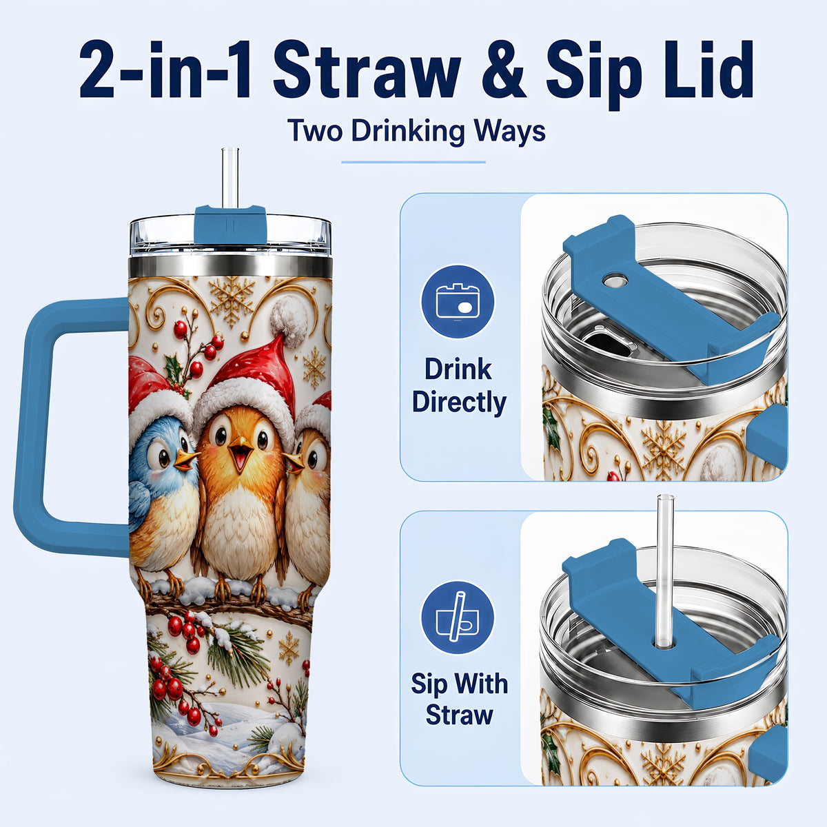 #pl[40oz|Blue] Christmas Songbird 40oz Tumbler with Handle, Santa Hat Bird Travel Cup