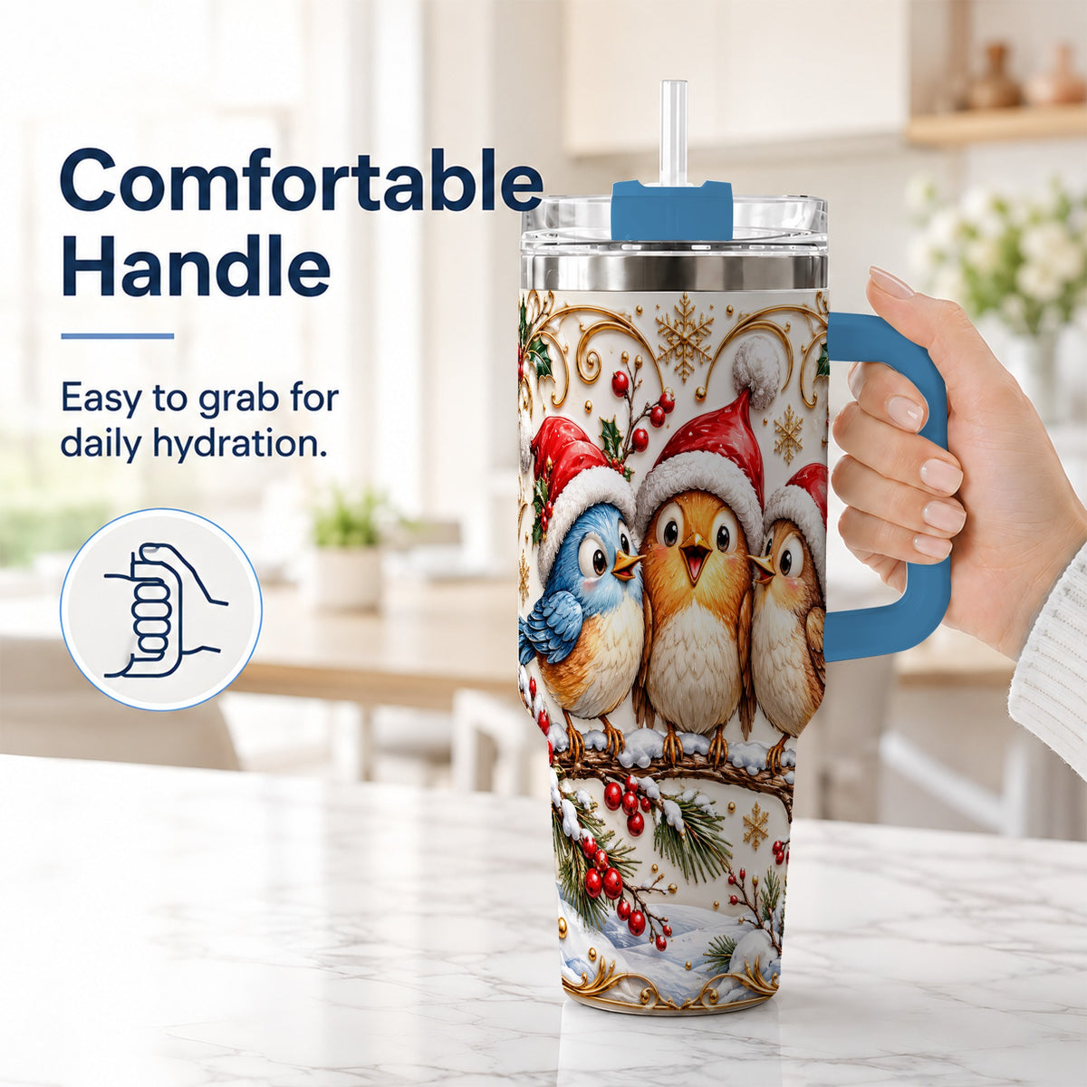 #pl[40oz|Blue] Christmas Songbird 40oz Tumbler with Handle, Santa Hat Bird Travel Cup