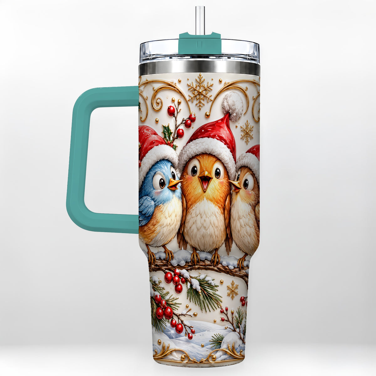 #pl[40oz|Green] Christmas Songbird 40oz Tumbler with Handle, Santa Hat Bird Travel Cup