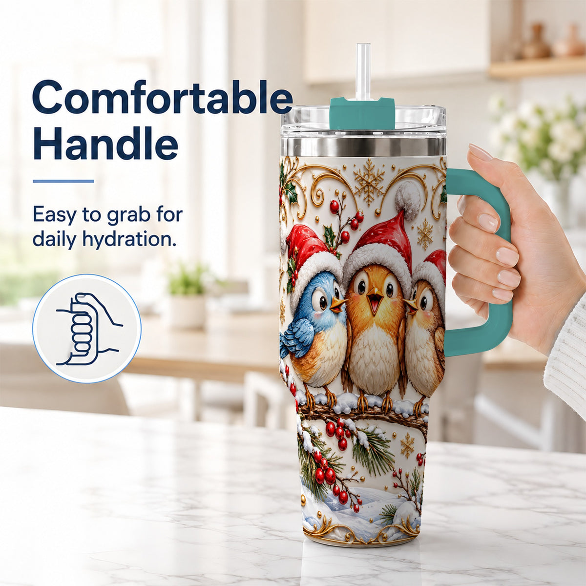 #pl[40oz|Green] Christmas Songbird 40oz Tumbler with Handle, Santa Hat Bird Travel Cup