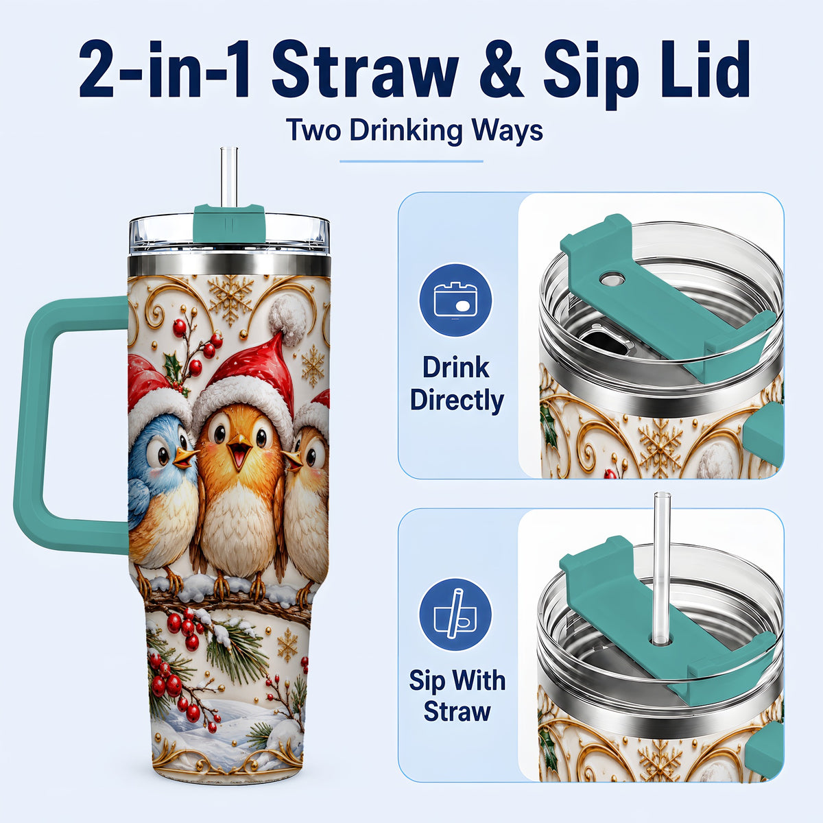 #pl[40oz|Green] Christmas Songbird 40oz Tumbler with Handle, Santa Hat Bird Travel Cup