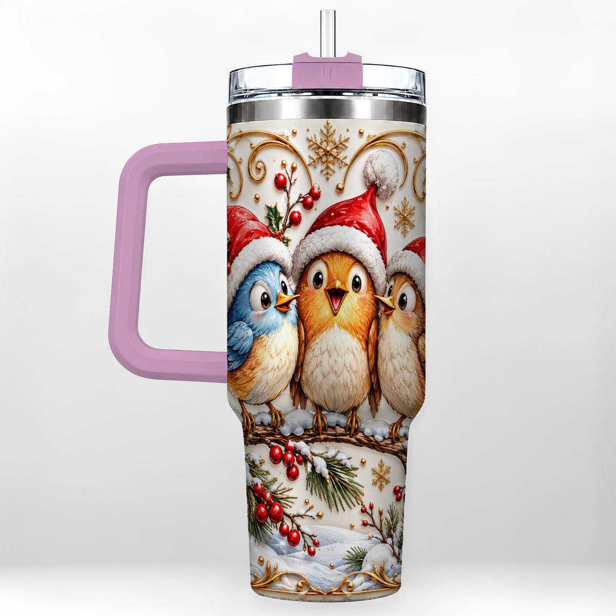 #pl[40oz|Pink] Christmas Songbird 40oz Tumbler with Handle, Santa Hat Bird Travel Cup