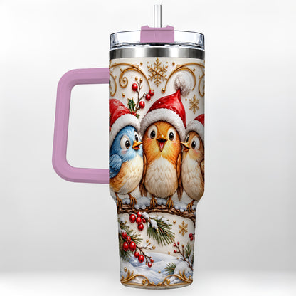 #pl[40oz|Pink] Christmas Songbird 40oz Tumbler with Handle, Santa Hat Bird Travel Cup