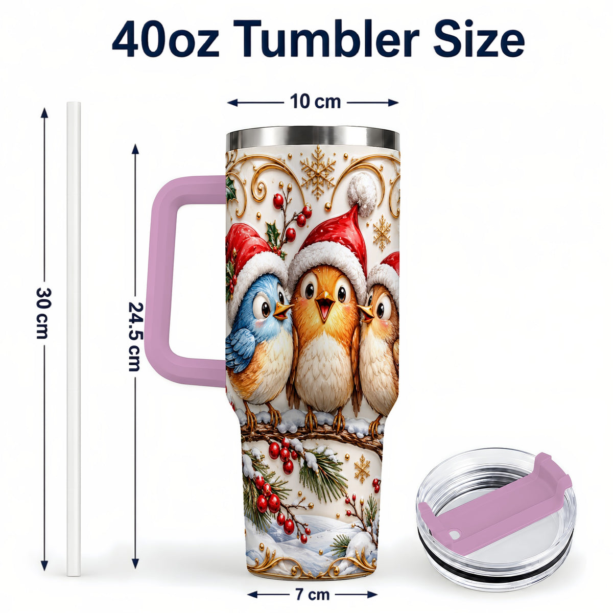 #pl[40oz|Pink] Christmas Songbird 40oz Tumbler with Handle, Santa Hat Bird Travel Cup