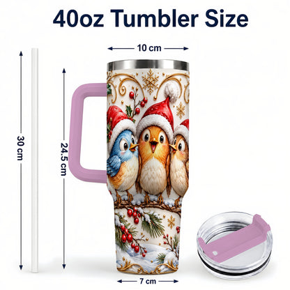 #pl[40oz|Pink] Christmas Songbird 40oz Tumbler with Handle, Santa Hat Bird Travel Cup