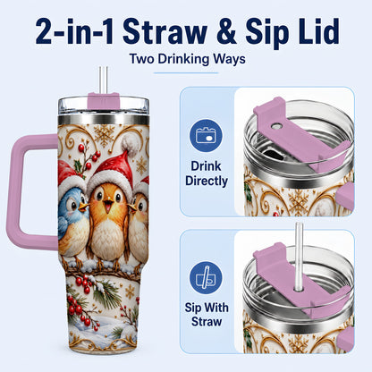 #pl[40oz|Pink] Christmas Songbird 40oz Tumbler with Handle, Santa Hat Bird Travel Cup