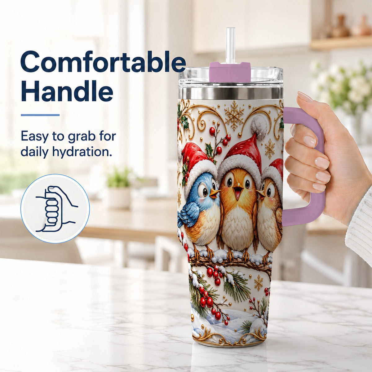 #pl[40oz|Pink] Christmas Songbird 40oz Tumbler with Handle, Santa Hat Bird Travel Cup
