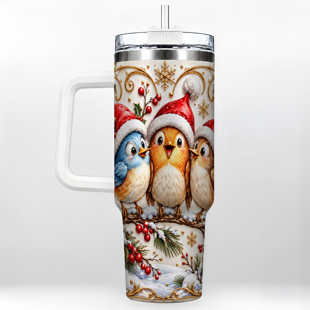 Christmas Songbird 40oz Tumbler with Handle, Santa Hat Bird Travel Cup