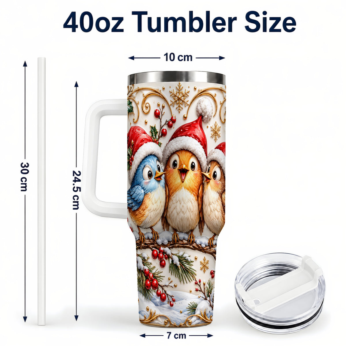#pl[40oz|White] Christmas Songbird 40oz Tumbler with Handle, Santa Hat Bird Travel Cup