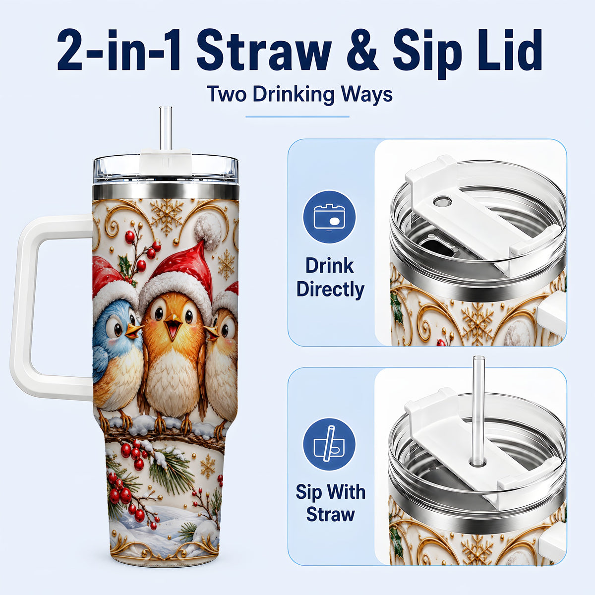#pl[40oz|White] Christmas Songbird 40oz Tumbler with Handle, Santa Hat Bird Travel Cup