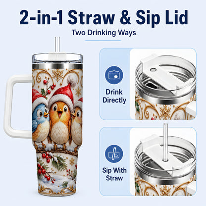 #pl[40oz|White] Christmas Songbird 40oz Tumbler with Handle, Santa Hat Bird Travel Cup