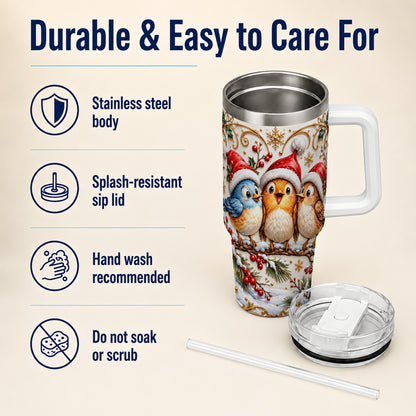 Christmas Songbird 40oz Tumbler with Handle, Santa Hat Bird Travel Cup