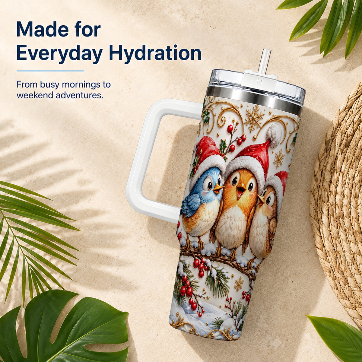 Christmas Songbird 40oz Tumbler with Handle, Santa Hat Bird Travel Cup