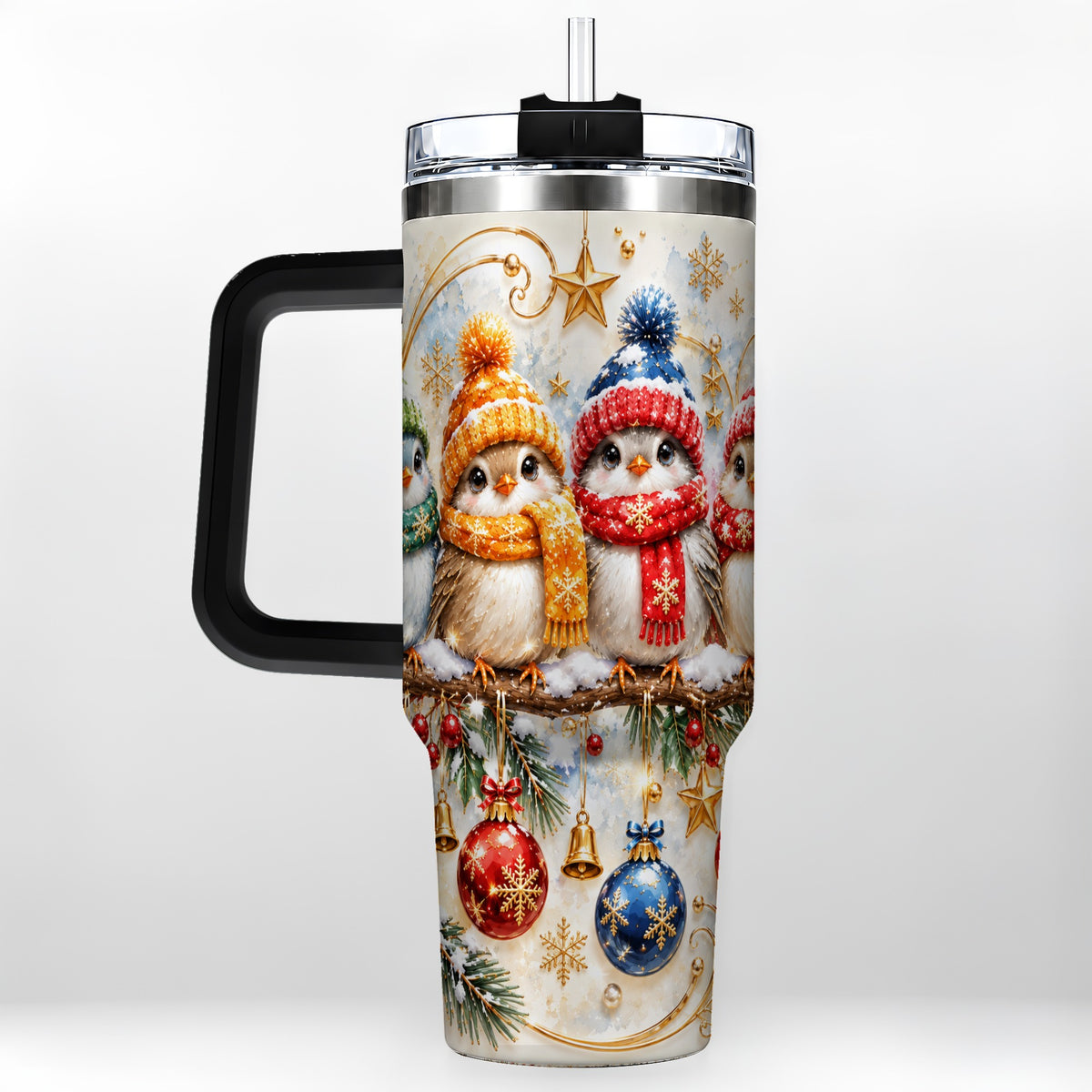 #pl[40oz|Black] Christmas Birds 40oz Tumbler with Handle, Winter Stainless Steel Cup