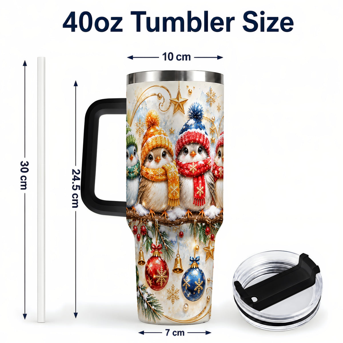 #pl[40oz|Black] Christmas Birds 40oz Tumbler with Handle, Winter Stainless Steel Cup