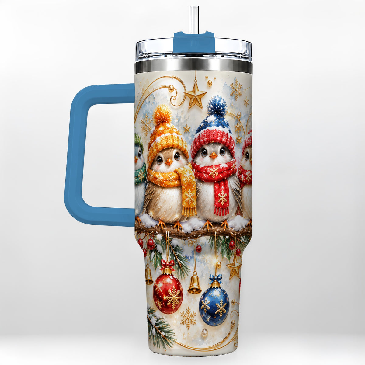 #pl[40oz|Blue] Christmas Birds 40oz Tumbler with Handle, Winter Stainless Steel Cup