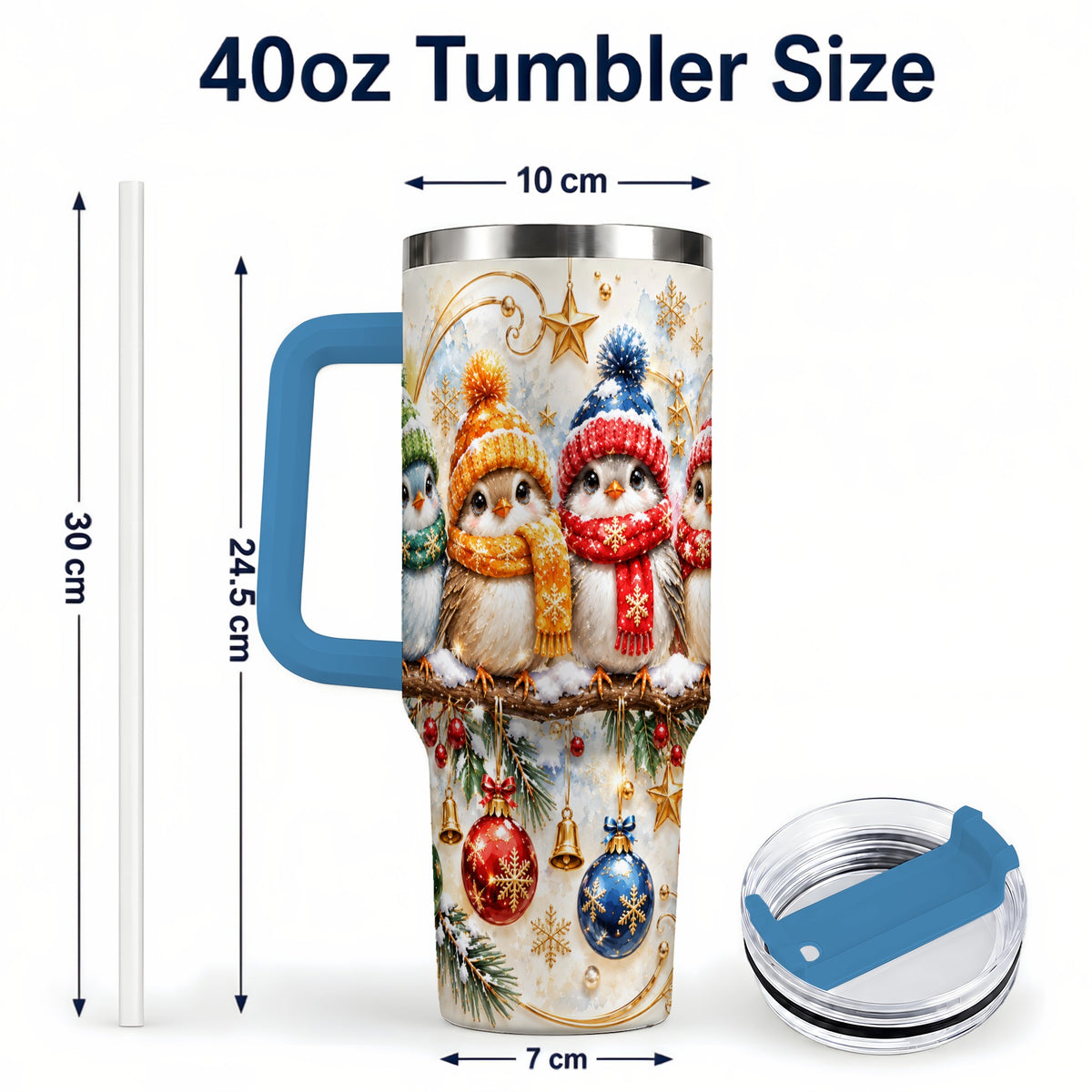 #pl[40oz|Blue] Christmas Birds 40oz Tumbler with Handle, Winter Stainless Steel Cup
