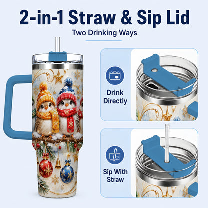 #pl[40oz|Blue] Christmas Birds 40oz Tumbler with Handle, Winter Stainless Steel Cup