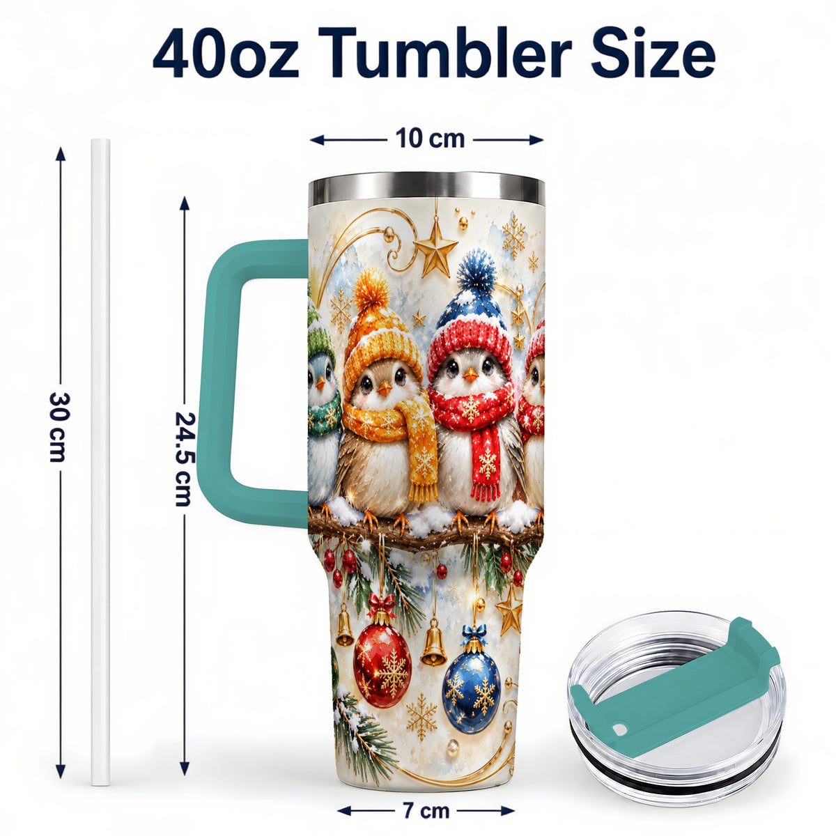 #pl[40oz|Green] Christmas Birds 40oz Tumbler with Handle, Winter Stainless Steel Cup