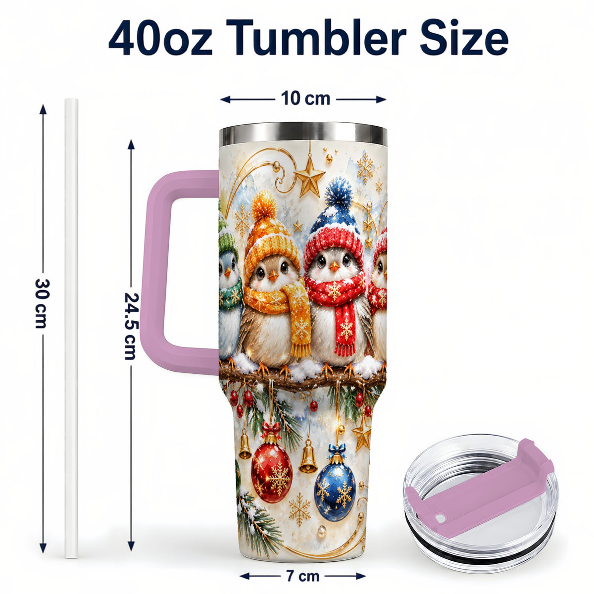 #pl[40oz|Pink] Christmas Birds 40oz Tumbler with Handle, Winter Stainless Steel Cup