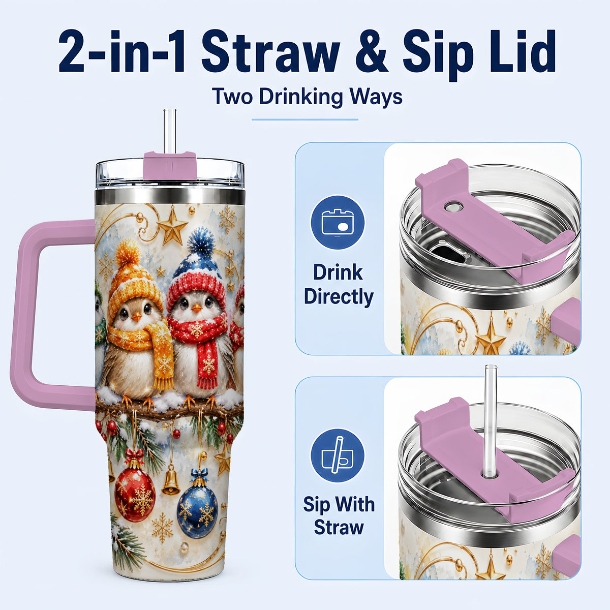 #pl[40oz|Pink] Christmas Birds 40oz Tumbler with Handle, Winter Stainless Steel Cup