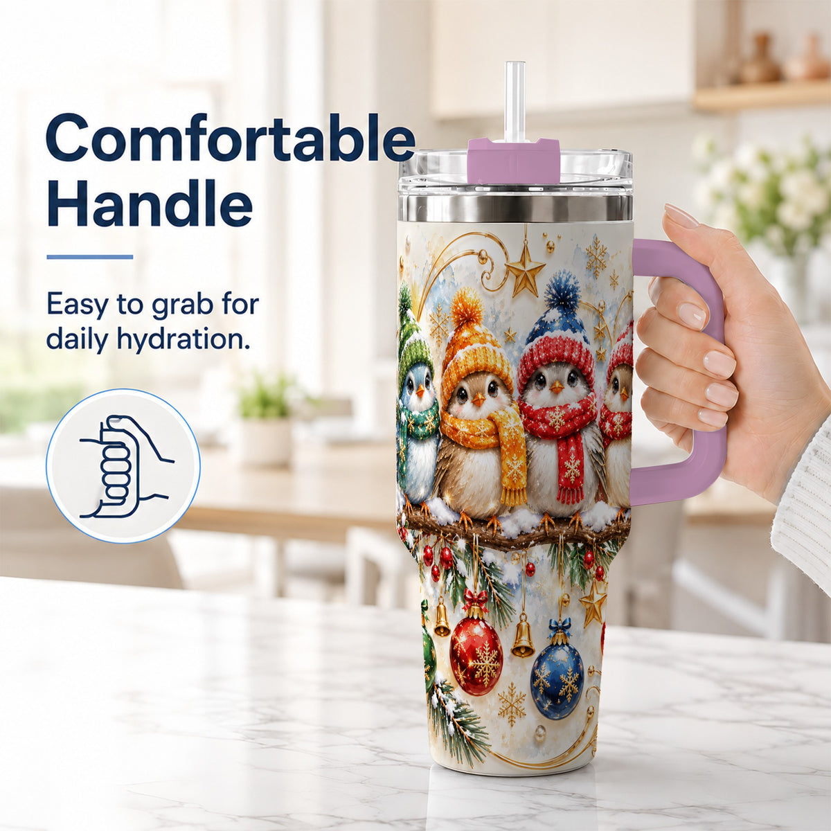 #pl[40oz|Pink] Christmas Birds 40oz Tumbler with Handle, Winter Stainless Steel Cup