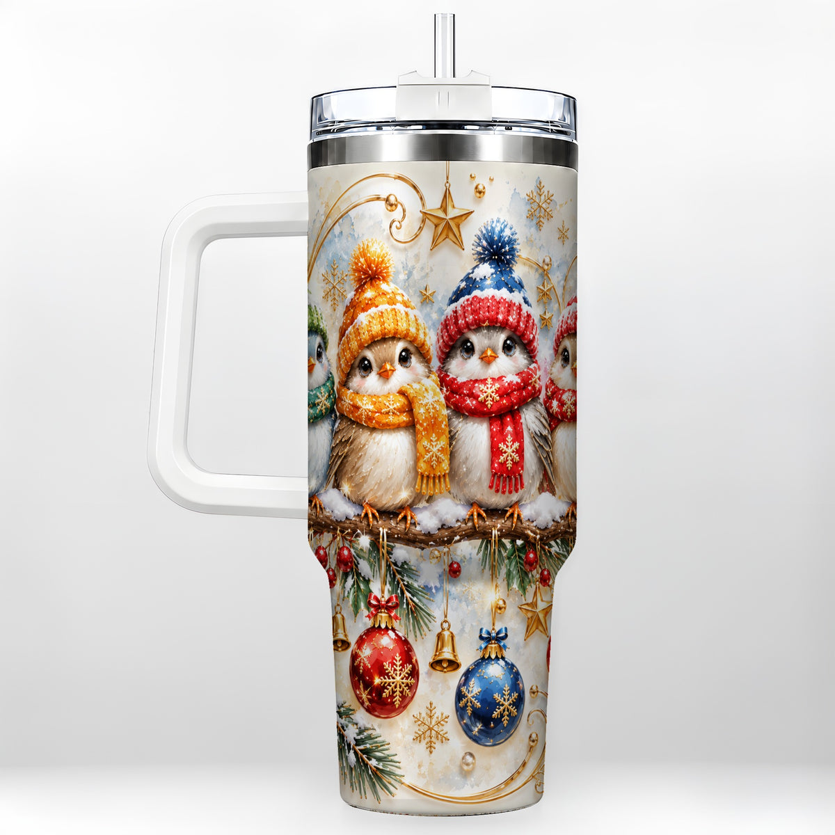 Christmas Birds 40oz Tumbler with Handle, Winter Stainless Steel Cup