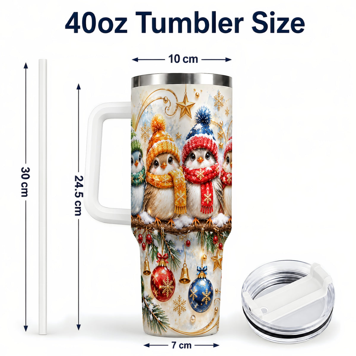 #pl[40oz|White] Christmas Birds 40oz Tumbler with Handle, Winter Stainless Steel Cup