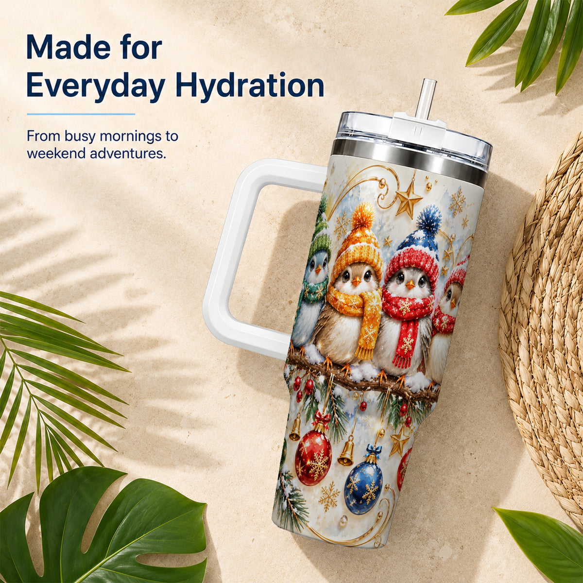 Christmas Birds 40oz Tumbler with Handle, Winter Stainless Steel Cup